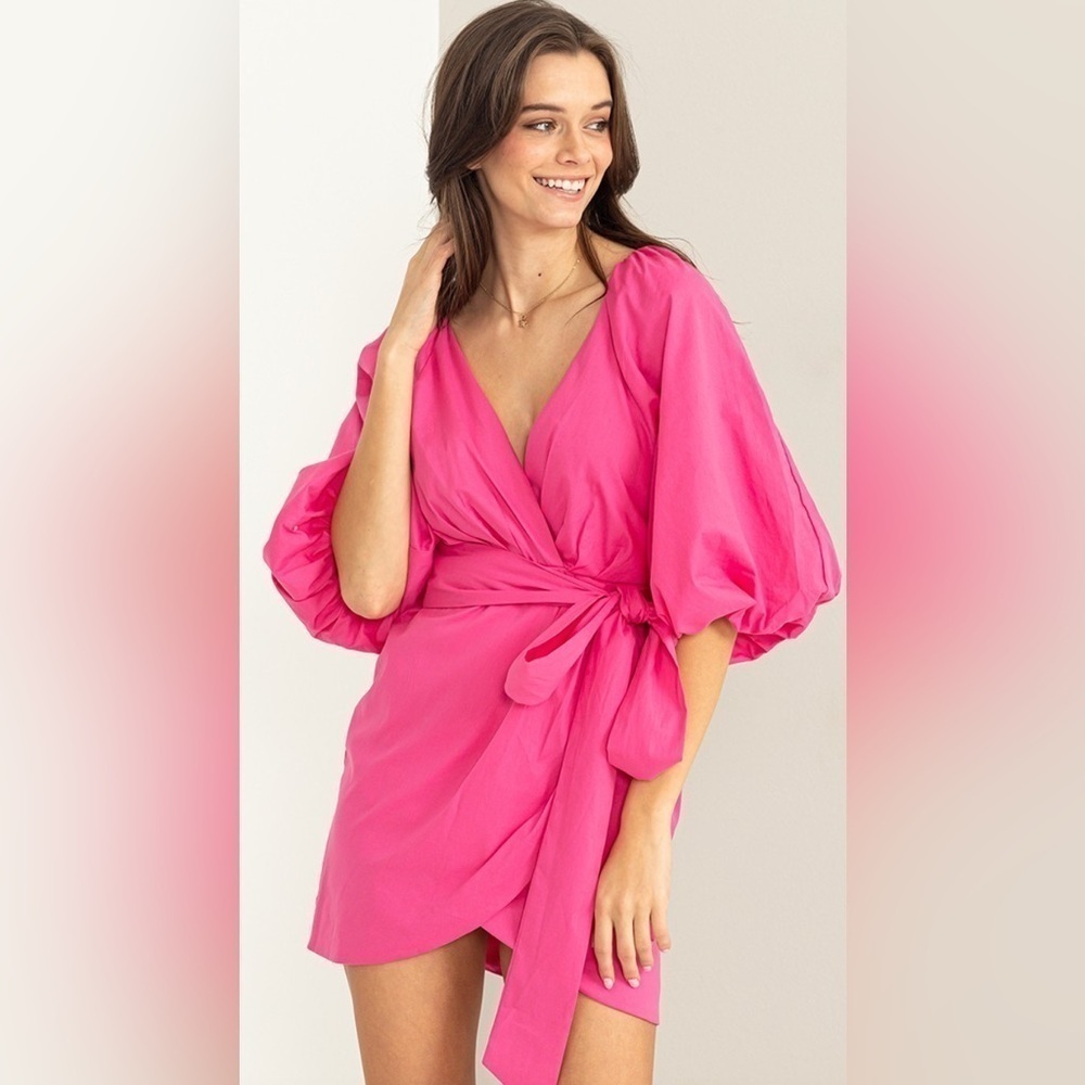 Pink Puff Sleeve with Tie Belt Mini Dress Size Large